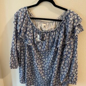 J Jill NWT Blue Floral 3/4 Sleeve Top 60% Cotton Size 4x Plus Size